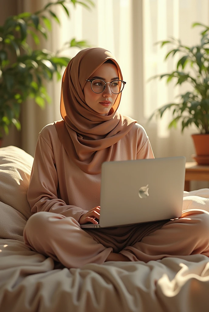 (photorealism:1.2), beautiful woman, sitting on bed, wearing hijab, pajama pants, glass in eyes, soft lighting, plants in background, window with sunlight, cozy room, relaxed pose, realistic, intricate details, warm colors, laptop in hands Alphonse Mucha
