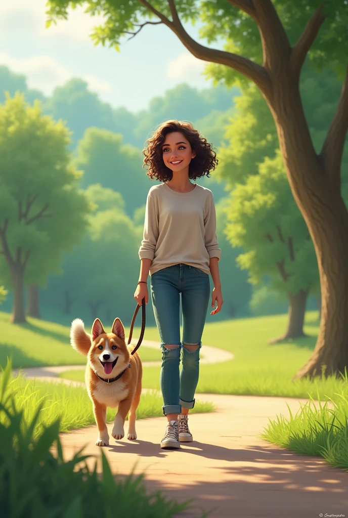 Brunette girl with short curly hair walking a dog and a wide background of a park behind her