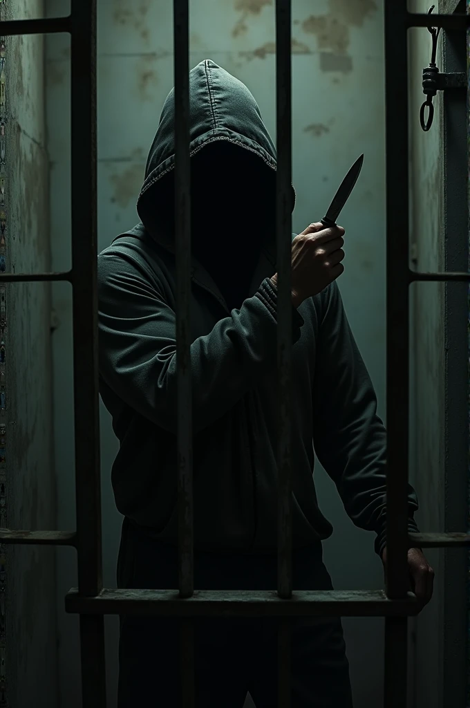 Man in prison without face whith small kive look behind