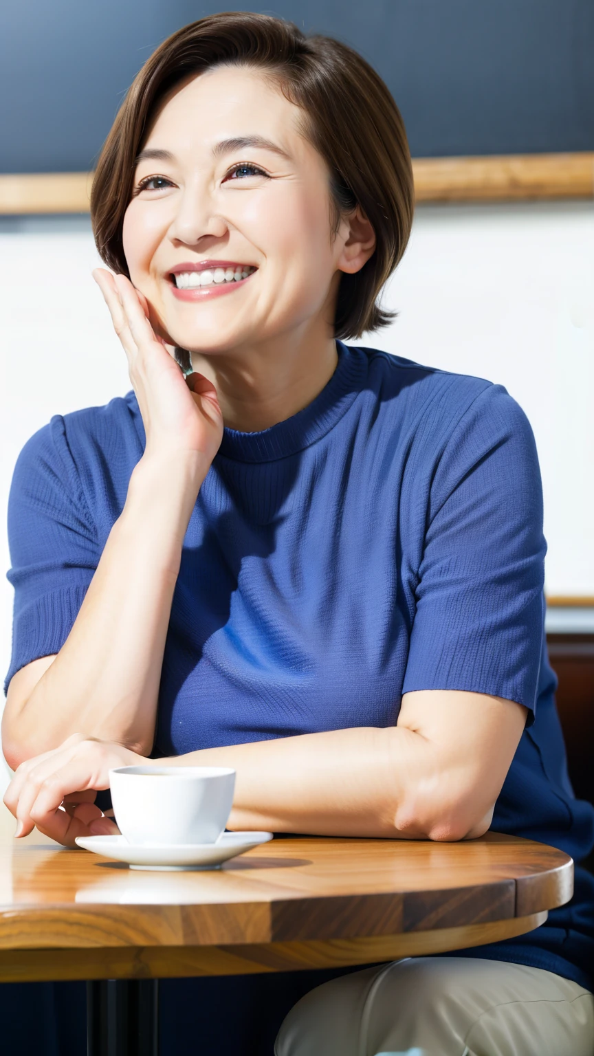 8k wallpaper, masterpiece, Highest quality, Very detailed, One Mature Woman, 50 years old, Become very clear, Wearing a short-sleeved knit, Skin dents, Captivating smile, Looking at the audience, No lapel microphone, Plump, Curvaceous, Attractive face, Smiling with teeth showing, I was happy, sitting in a cafe, Background Blur