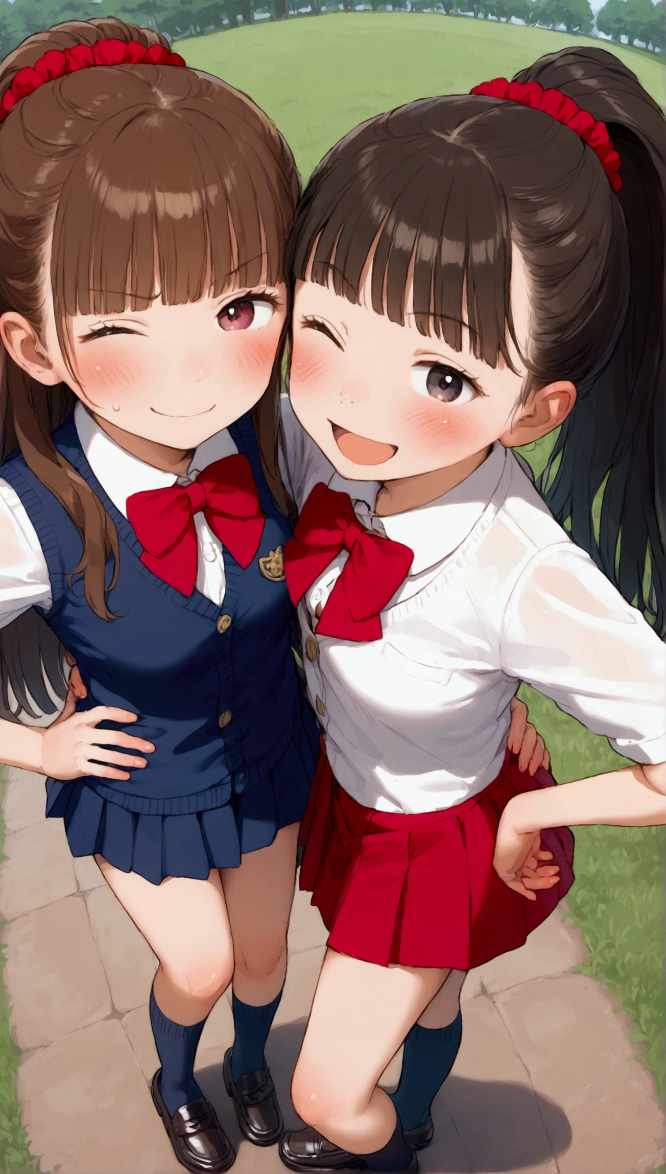 {Highest quality}, {Super beautiful},{Ultra fine},{Best illustration},Brown Hair,Hime cut,long hair,ponytail,One woman,Standing Woman,Strike a pose,Adult women,smug face,Excited face,Wink,uniform,cardigan,Short sleeve,skirt,Night Festival,Blushing,Slender,Black knee-high socks,Black Loafers,From an angle,From above,Spread your legs,Put one hand on your hip
