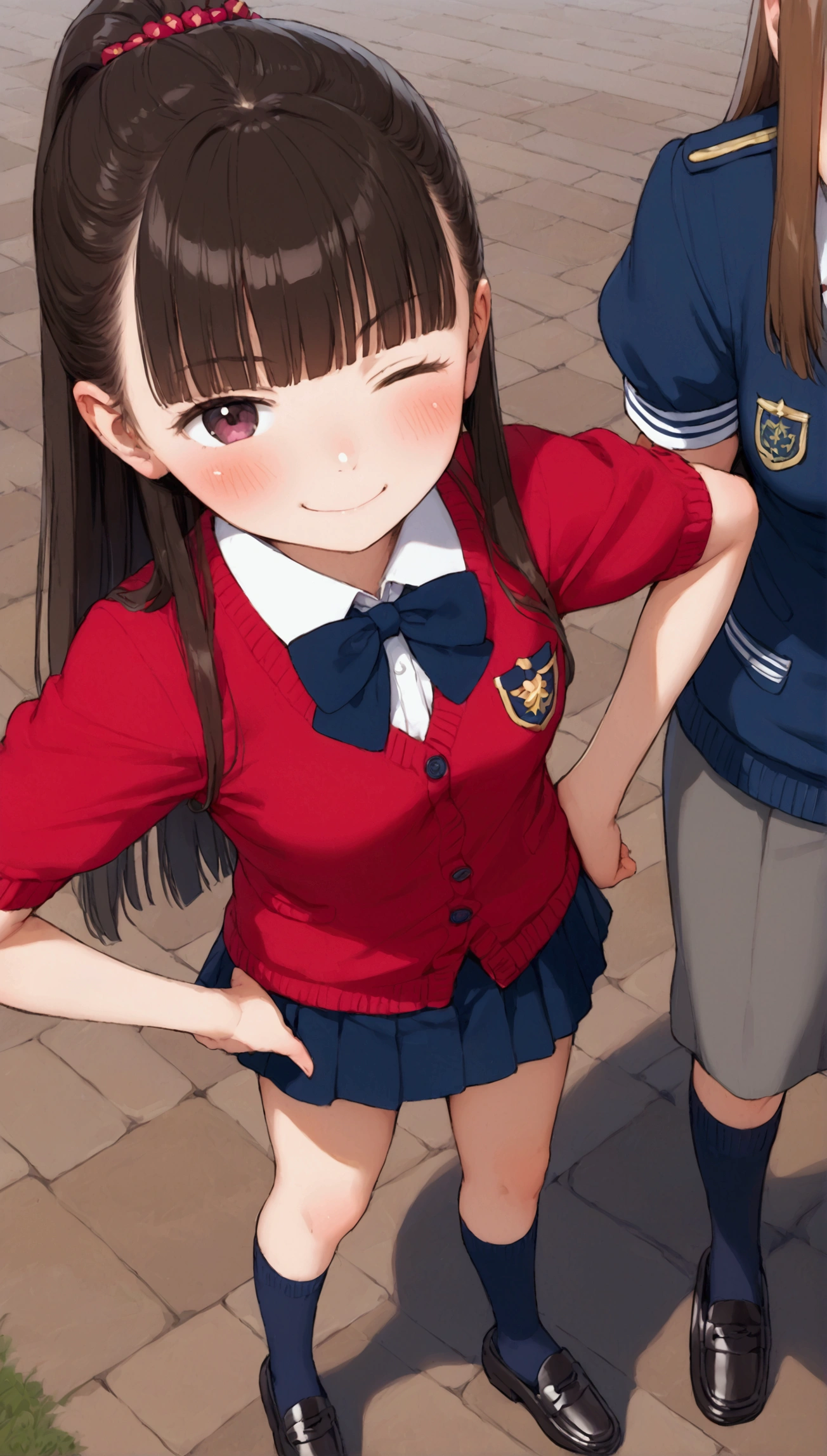 {Highest quality}, {Super beautiful},{Ultra fine},{Best illustration},Brown Hair,Hime cut,long hair,ponytail,One woman,Standing Woman,Strike a pose,Adult women,smug face,Excited face,Wink,uniform,cardigan,Short sleeve,skirt,Night Festival,Blushing,Slender,Black knee-high socks,Black Loafers,From an angle,From above,Spread your legs,Put one hand on your hip
