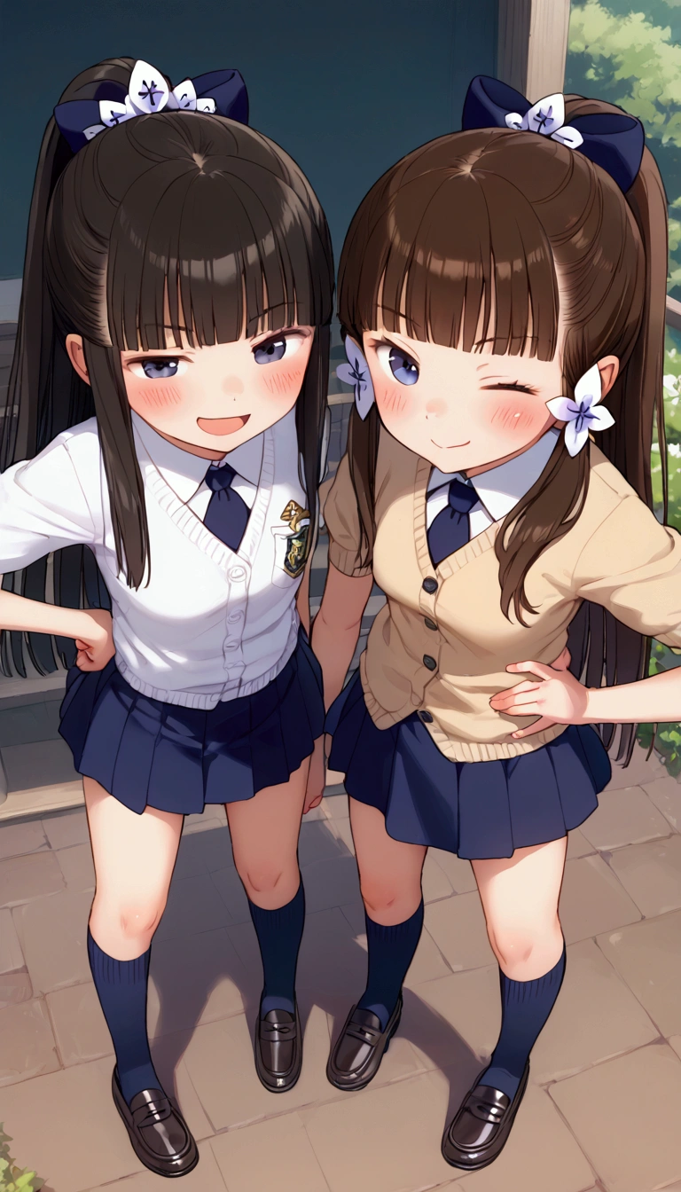 {Highest quality}, {Super beautiful},{Ultra fine},{Best illustration},Brown Hair,Hime cut,long hair,ponytail,One woman,Standing Woman,Strike a pose,Adult women,smug face,Excited face,Wink,uniform,cardigan,Short sleeve,skirt,Night Festival,Blushing,Slender,Black knee-high socks,Black Loafers,From an angle,From above,Spread your legs,Put one hand on your hip
