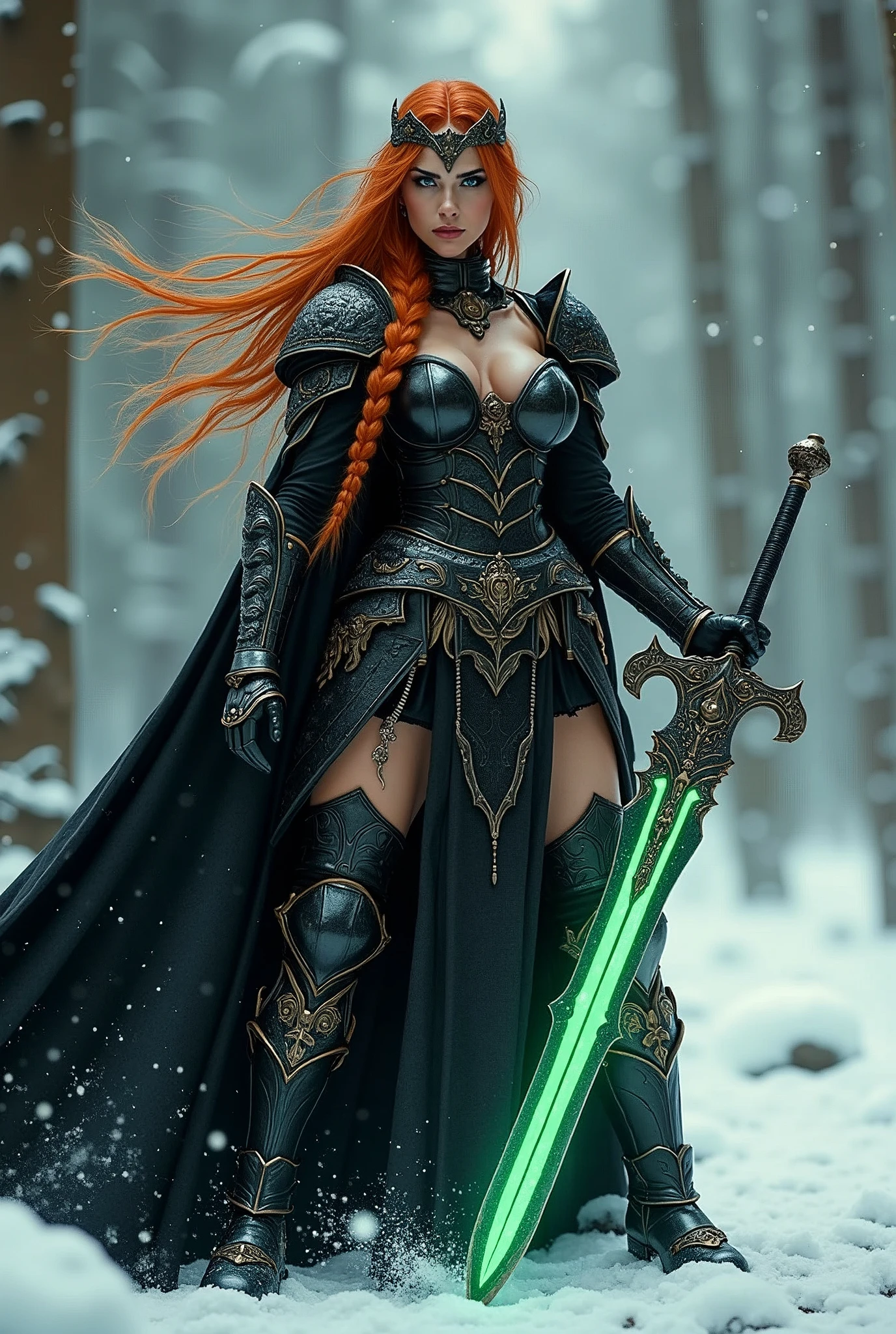 ((upper torso, armored female barbarian savage, battle worn black chrome lacquered armor, fur, black cloak, ((((high cheekbones, cleft chin, cleavage)), [bright orange hair:dark hair:0.6]))), iceblue eyes, blackout eyeshadow, iron tiara), braids, massive glowing green silver engraved sword dripping poison, windy, outdoor frozen snow snowy forest, dynamic battle pose
