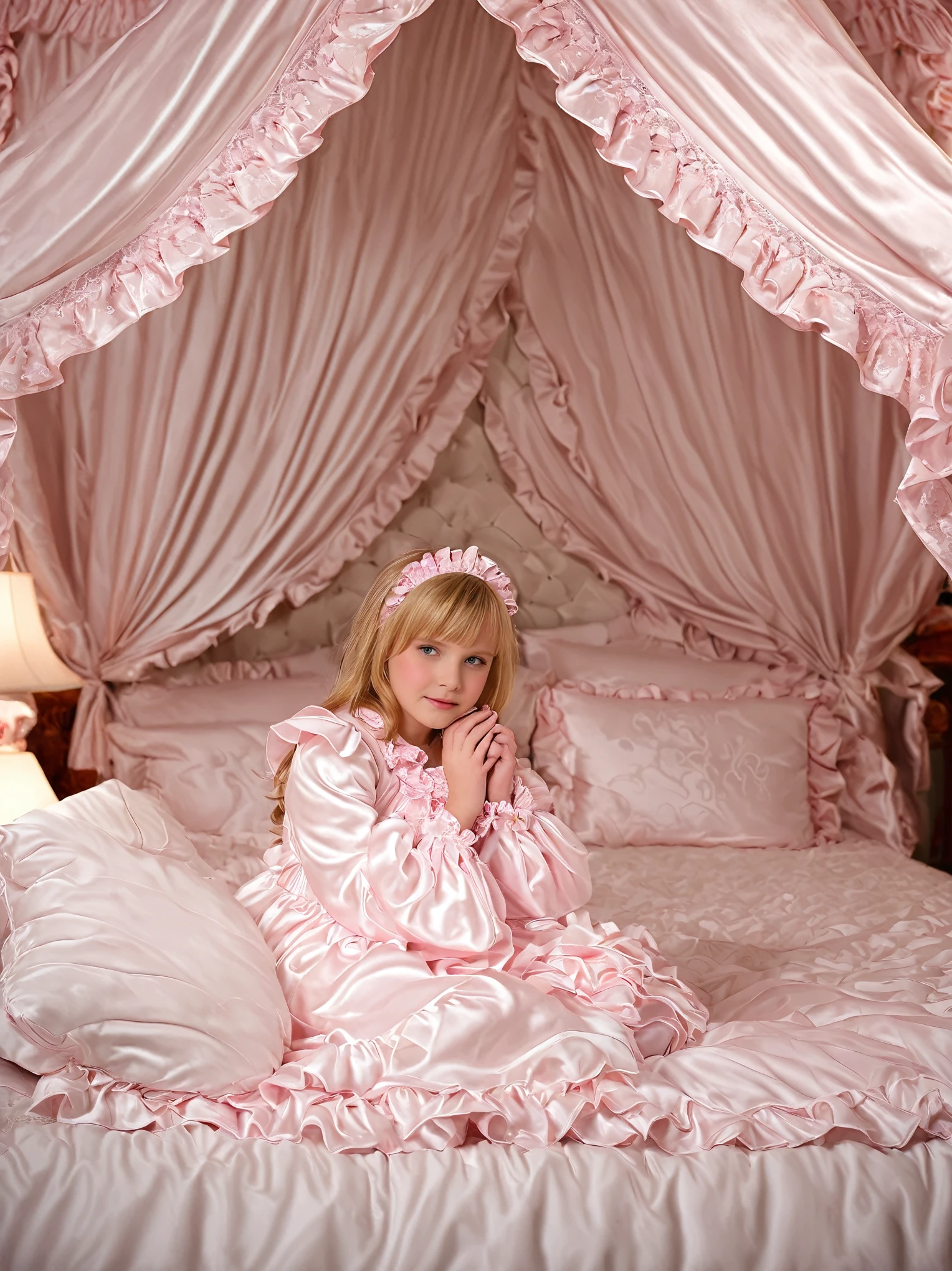 A sissy girl of10 years old, a plump quilted silk satin nightgown, long sleeves,frilled sleeves,children's mittens without fingers, a bed with a mountain of silk satin pillows,sissy canopy bed,king size bed,more big bed,lot of frilled pink pillows,more pillows, A plump qulited silk satin pink devet,ruffles lace silk.retro white pipe bed frame, A large silk satin ruffled duvet covers the entire bed,