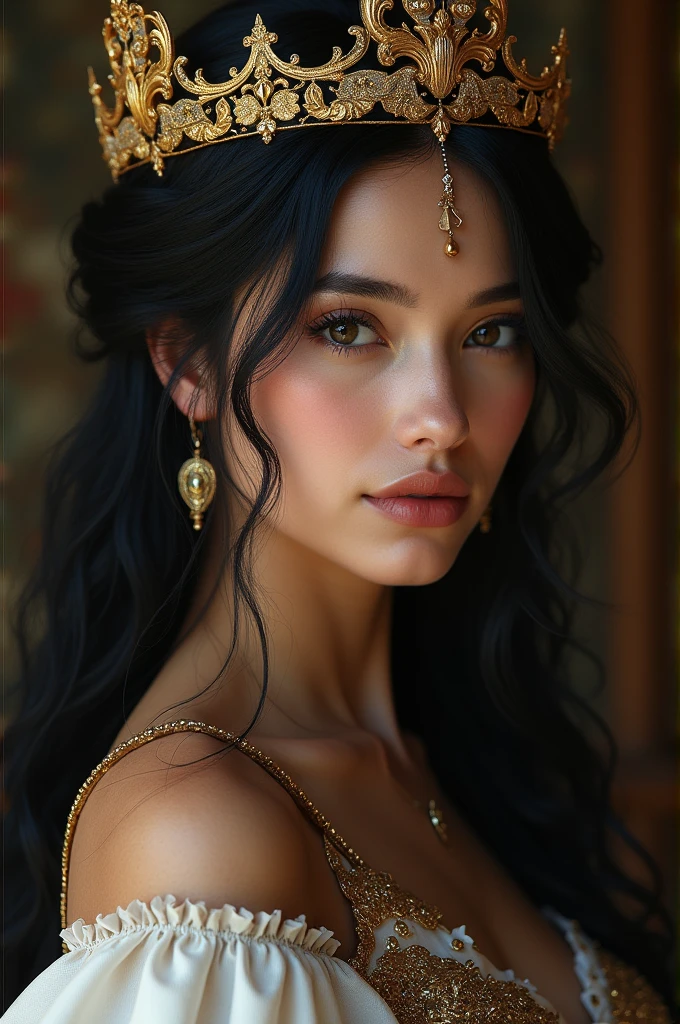 A black-eyed, black-haired, shiny young woman in a queen's dress