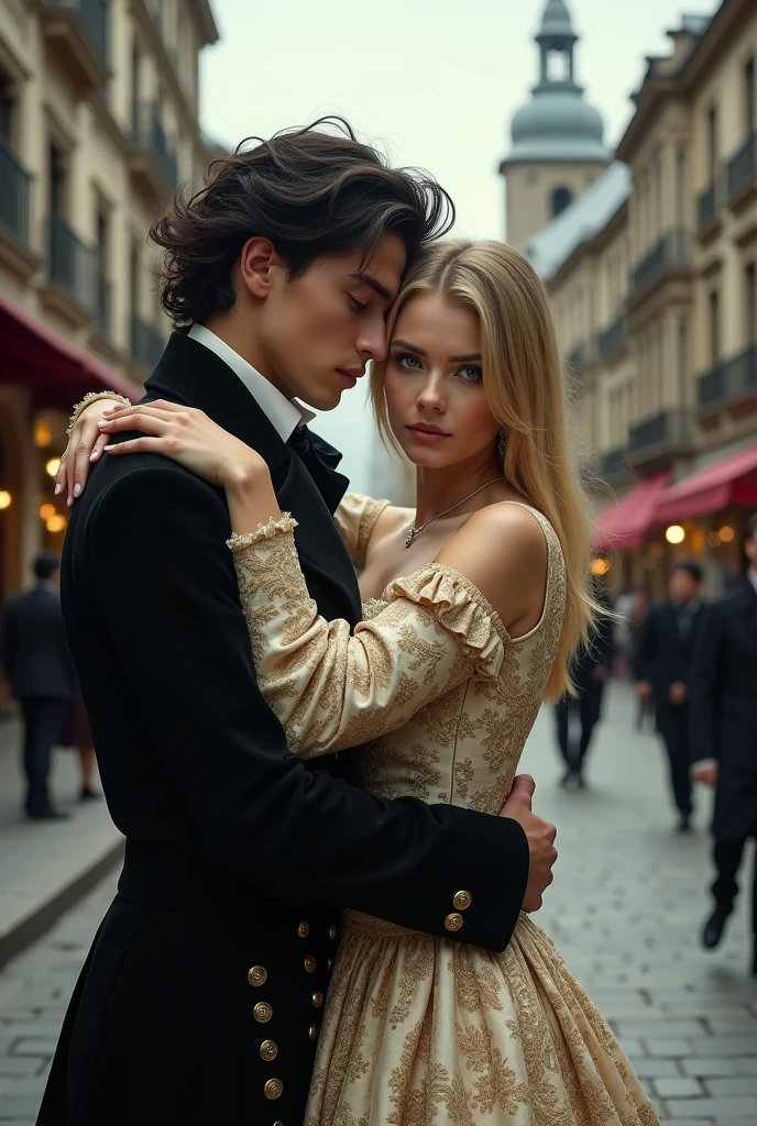 A young man with black hair and white skin, well dressed who was fleeing, He is hugged from behind by a blonde woman with straight hair, blue eyes and white skin., with expensive dresses from 1800. The woman hugs her back tightly. They are in the streets of Santiago in 1800