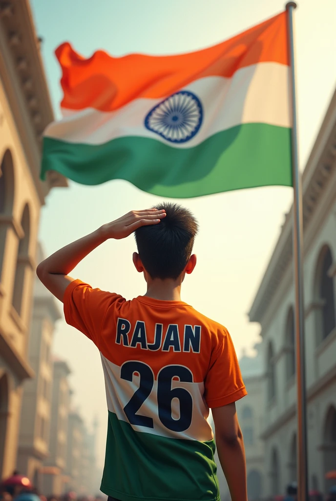 A 21 years old boy salutes the national flag of Bharat and he is wearing a shirt print is like Bharat flag and " RAJAN " and 26 number and independence day in small written on it's back in big and bold fonts, 3d illustration.