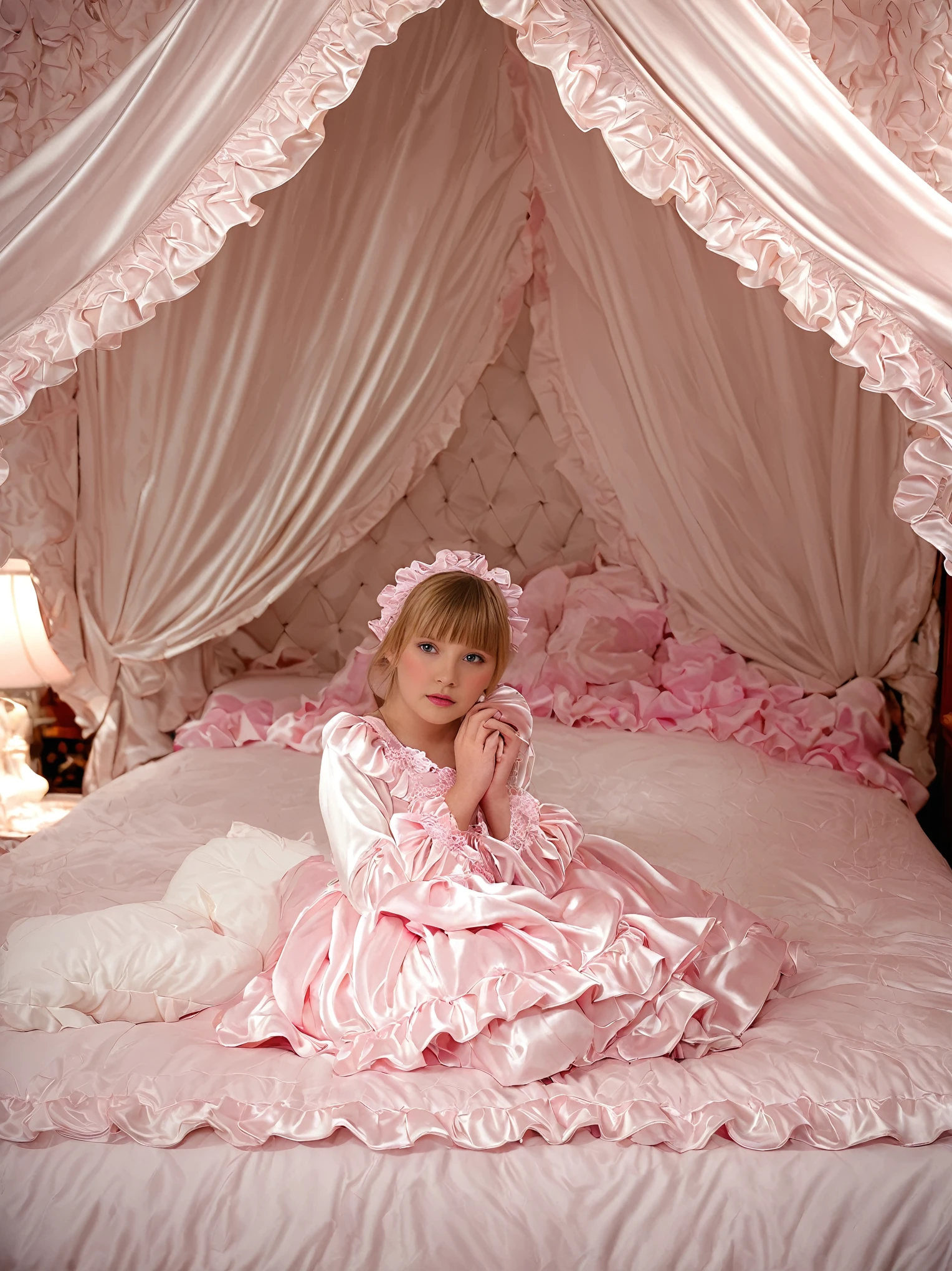 A sissy girl of10 years old, a plump quilted silk satin nightgown, long sleeves,frilled sleeves,children's mittens without fingers, a bed with a mountain of silk satin pillows,sissy canopy bed,king size bed,more big bed,lot of frilled pink pillows,more pillows, A plump qulited silk satin pink devet,ruffles lace silk.retro white pipe bed frame, A large silk satin ruffled duvet covers the entire bed,