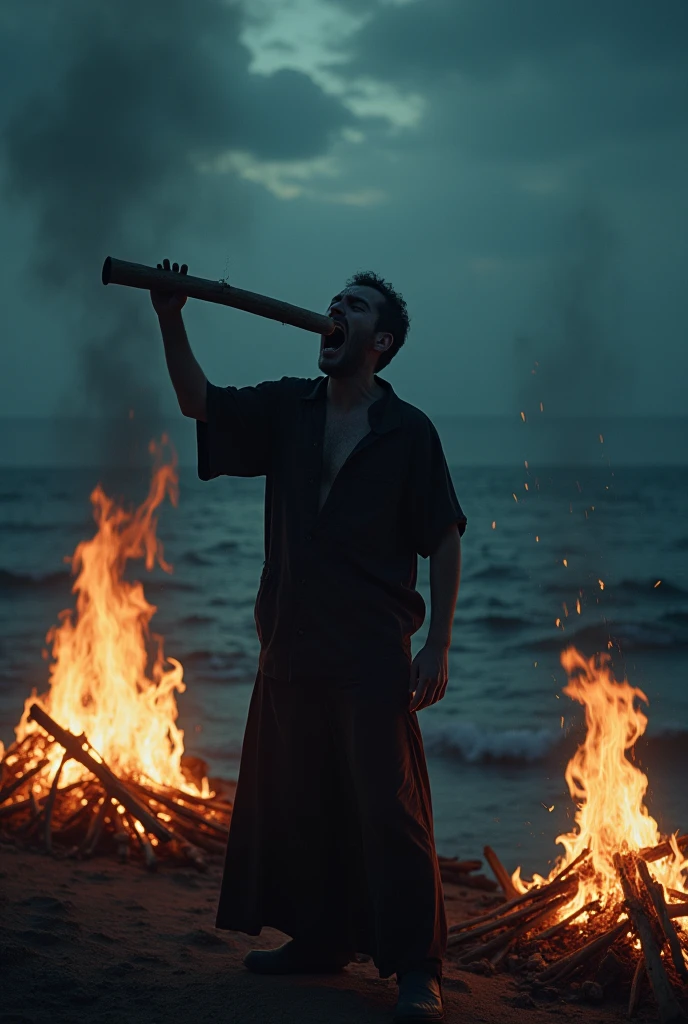 A man shouting from the flute, sea shore, night time, scary soul, burning pyre, scared face, thousands of thoughts, scary atmosphere,
(The image will be of 16:9 size)