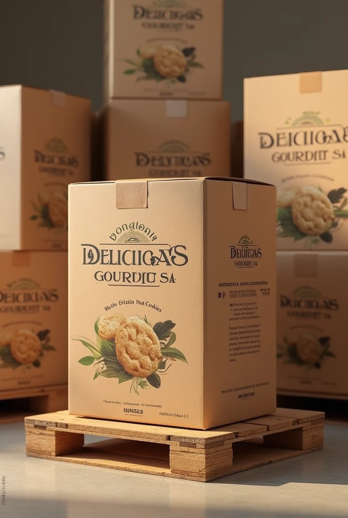 (photorealism:1.2), Make corrugated cardboard boxes with the company name and cookie design on them.. company "DELICIAS GOURMET SA" and Whole grain nut cookies LET IT BE PRETTY. BOXES OF THE SAME SIZE. SAMPLE 60 BOXES GROUPED IN PALLETS