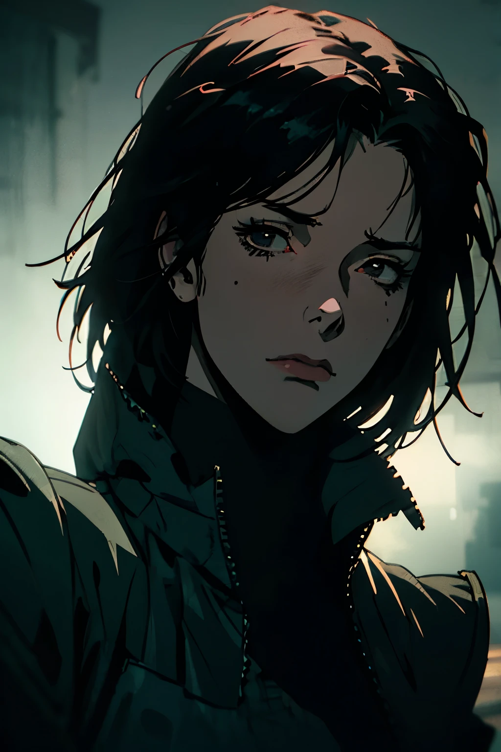 a woman with short black hair, black eyes, wearing black clothes, camouflage, coat, expressionless face, doctor, anime style, highly detailed, hyperrealistic, 8k, photorealistic, intricate details, dramatic lighting, volumetric fog, cinematic composition, chiaroscuro, moody atmosphere, muted color palette, dramatic shadows, perfect rendering, masterpiece