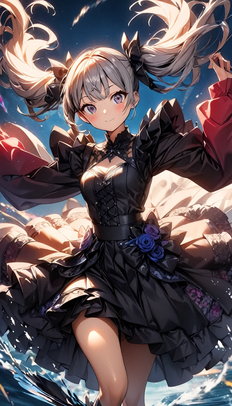 (((1 girl))), Gothic, Twin tails, Gray Hair, blush, Vibrant and colorful water splash, Organza lace, Gorgeous and elaborate clothes,Gothic, High quality fabric, flight, green, (colorful), Bold, Gradient blend, Motion Blur, Sparkling Texture, Dynamic configuration, Atmospheric perspective, Soft Focus, (Highest quality:1.4, Very detailed, up to date, Vibrant, Ultra-high resolution, High Contrast, masterpiece:1.2, Best aesthetics).