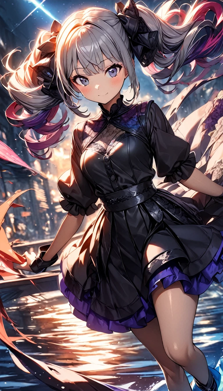 (((1 girl))), Gothic, Twin tails, Gray Hair, blush, Vibrant and colorful water splash, Organza lace, Gorgeous and elaborate clothes,Gothic, High quality fabric, flight, green, (colorful), Bold, Gradient blend, Motion Blur, Sparkling Texture, Dynamic configuration, Atmospheric perspective, Soft Focus, (Highest quality:1.4, Very detailed, up to date, Vibrant, Ultra-high resolution, High Contrast, masterpiece:1.2, Best aesthetics).
