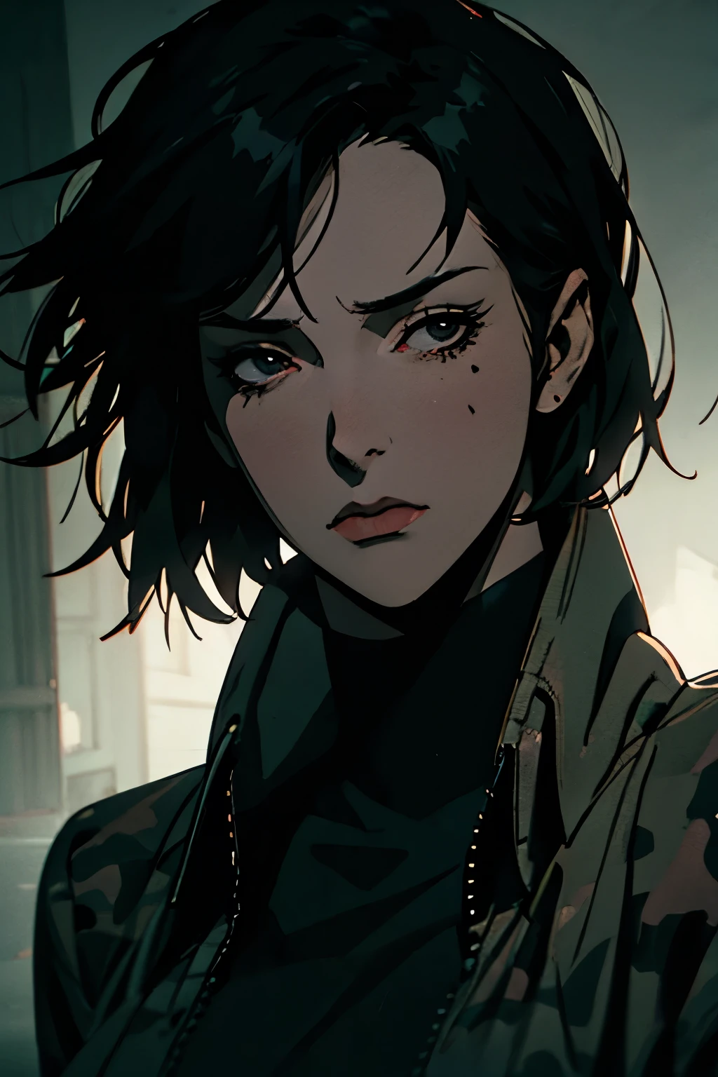 a woman with short black hair, black eyes, wearing black clothes, camouflage, coat, expressionless face, doctor, anime style, highly detailed, hyperrealistic, 8k, photorealistic, intricate details, dramatic lighting, volumetric fog, cinematic composition, chiaroscuro, moody atmosphere, muted color palette, dramatic shadows, perfect rendering, masterpiece