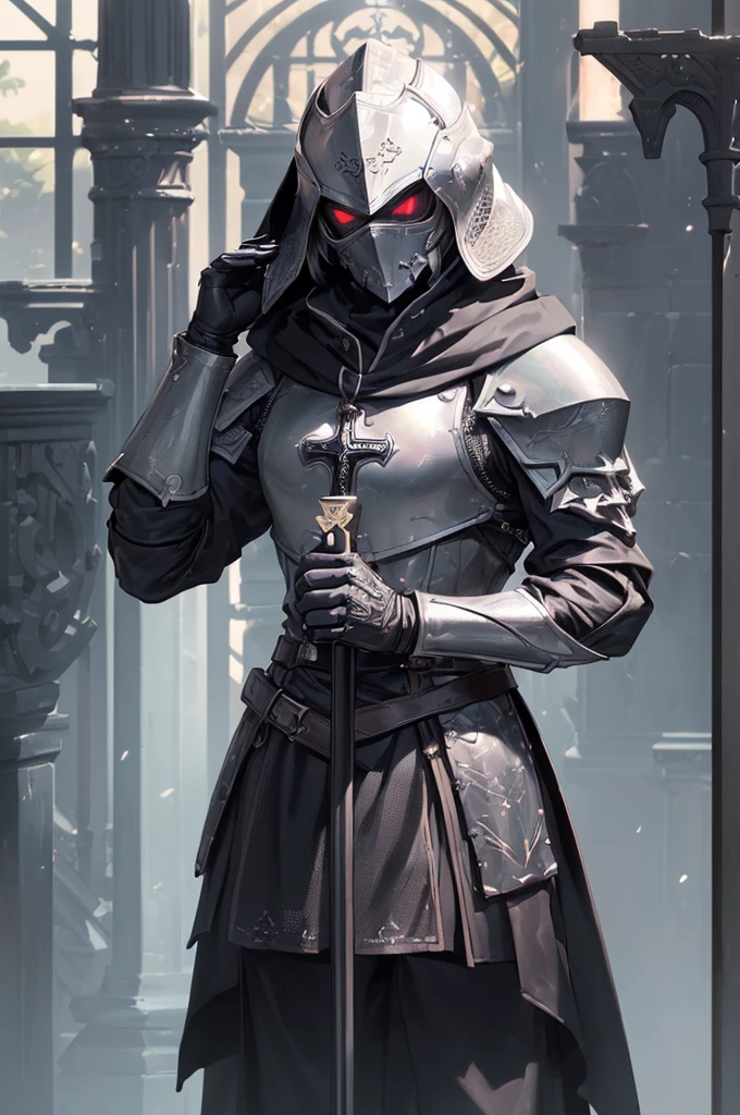 (((masterpiece; best quality: 1.2))), ((1 templar)), ((solo)), (void eyes: 1.4), (body shape; toned, lean, masculine: 1.3), (beautiful and clear background: 1.2), ((depth of field)), (equipment: templar + surcoat with cross + chainmail shirt + closed helmet + leather gloves + black cloak : 1.3), (anime illustration: 1.2), (background composition; palace garden + plants: 1.1), (shot composition; standing + centered on head + bust close-up: 1.5)