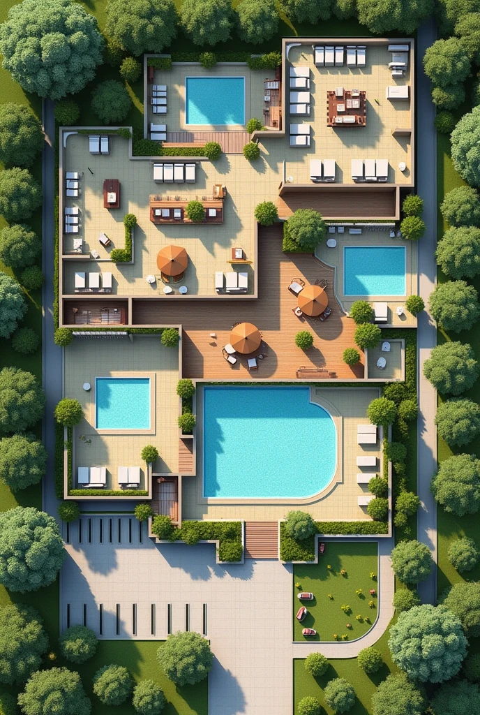 2D hotel floor plan showing the reception area first, a restaurant, The recreation space, the rooms, A SPA area, An area for people with disabilities, 3 swimming pools, Connection with green areas, That can be like an open space, The L-shaped parking lot One part in front and the rest alongside, 2 pools for dirty water in the green area outside the hotel