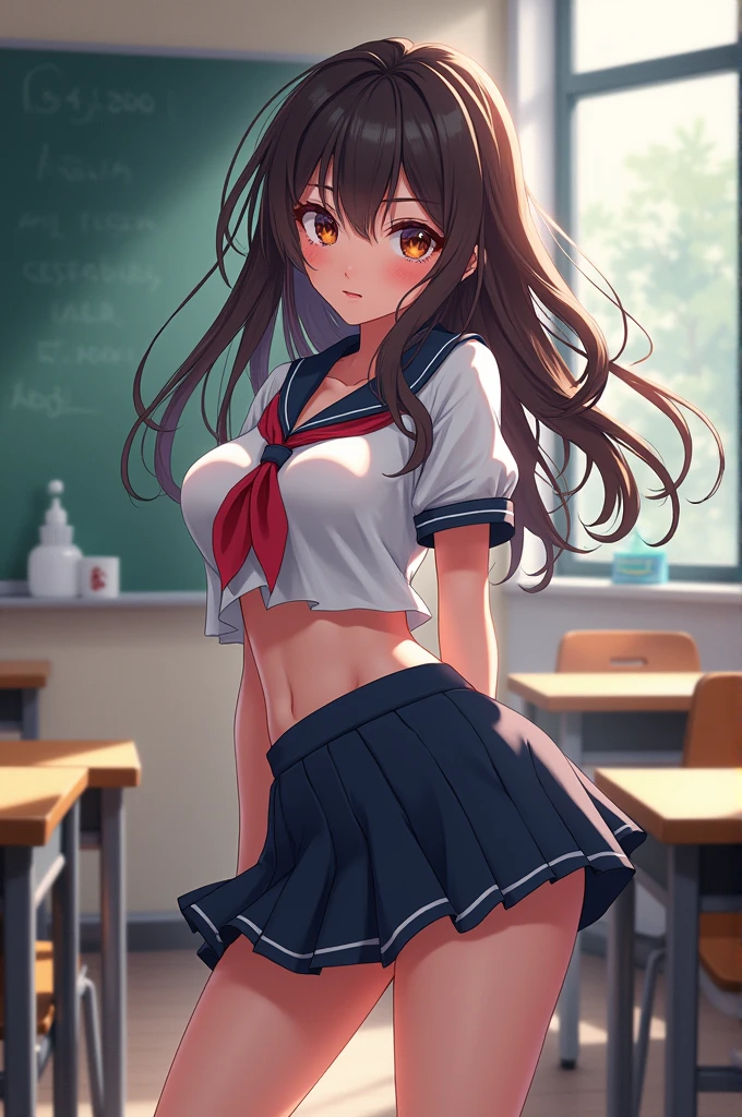 (((masterpiece, Highest quality, High resolution, 超High resolution, Perfect Pixel, Depth of written boundary, 4K, RTTX 10.0))), Beautiful Anime Women, Beautiful art style, Anime characters, ((Smooth texture, Realistic texture, Anime CG Style)), Exact finger count、Exact number of legs、(Exact number of arms:1.0, Exact number of hands:1.0), (Perfect hands, Perfect Anatomy.1.5), Cinematic, Realistic, Extremely detailed CG, Daytime lighting, Perfect lighting, Best Shadow, The best natural light, Perfectly balanced style, Perfect body, (Slender body:1), whole body, ((bangs, Dark brown hair, Twin tails)), ((A woman is standing there holding her shirt in her mouth and flipping up her skirt.:1.4)), (Fashionable white shirt, Sailor collar, Black knee socks, Pleated mini skirt:1.3), (A stylish, sexy and cute bra, Stylish shiny satin bra, Pink micro lace bra:1.3), ((Stylish, sexy and cute panties, Stylish shiny satin panties, Side-tie panties, Panties with plain pink center and lace decoration on the sides, Small panties:1), Pink Panties:1.3), (Cleavage, beautiful and big breasts:1.2), (Embarrassed expression:1.4), (blush:1.2) , (School classroom, Blackboard background :1.3), Angle from the front, (Hold the shirt in your mouth and flip it over:1.3), (Flipping the skirt with your own hands:1.3)