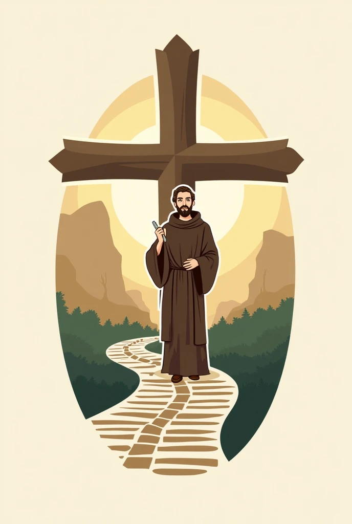 A logo with the following characteristics: A brown Franciscan cross from which a path made of dots emerges An animated image of St. Francis of Assisi A legend: With Saint Francis of Assisi let us walk together on the path of faith