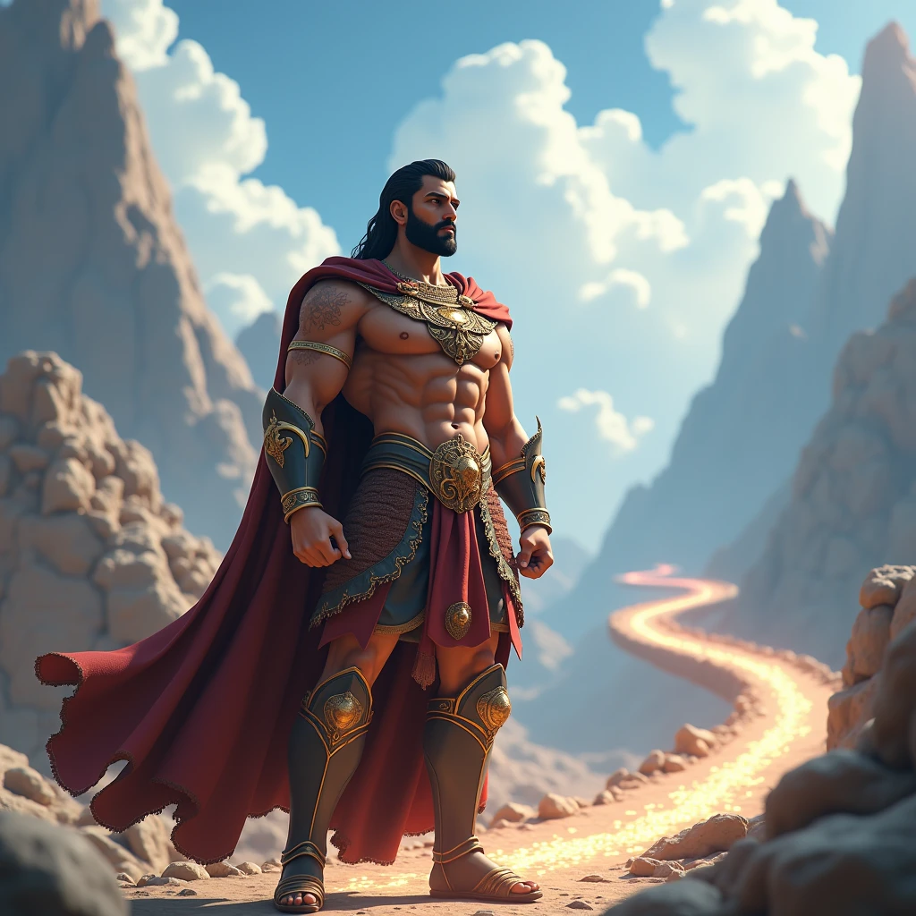 in 3d Animation style "**Choosing the path of Truth**: King Balveer stepping onto the path of Truth with determination."
