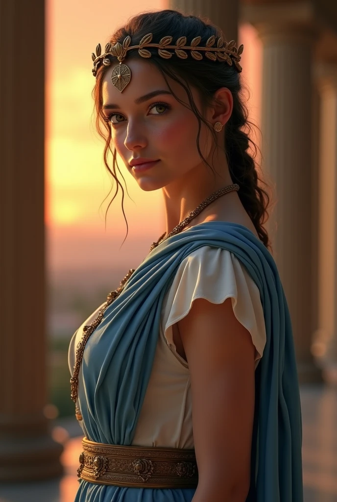 Side view , looking at camera , 1 century, Empire of Roman girl, 1 girl is 26 age old, (Light brown hair, middle hair , wince, brown eyes, beautiful lip, olive leaf tiara, serious), (big breasts, slender whist, wide hip) ,(wearing White an ancient Roman imperial tunic), (Blue Toga:1.5), sandal, in Palace, in Roman, standing pose, sunset, textured skin , HI detailed skin, 4 fingers and 1 thumb, (foreshortening, Canon, UHD, anatomically correct, super detail, high details, highness,