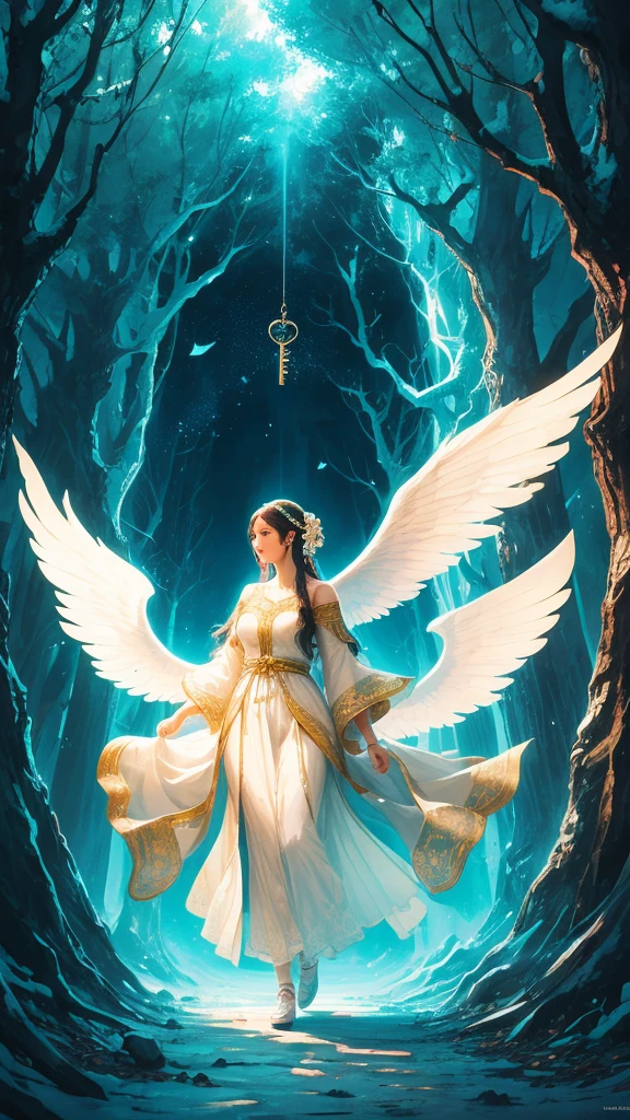 Good luck background image、A powerful miracle of light pours down、wishes come true、Good luck and satisfaction、May you find happiness in both your work and personal life.、Image of breaking the chain、key、Angel Wings、Gold coins、heart、Trees、sense of stability