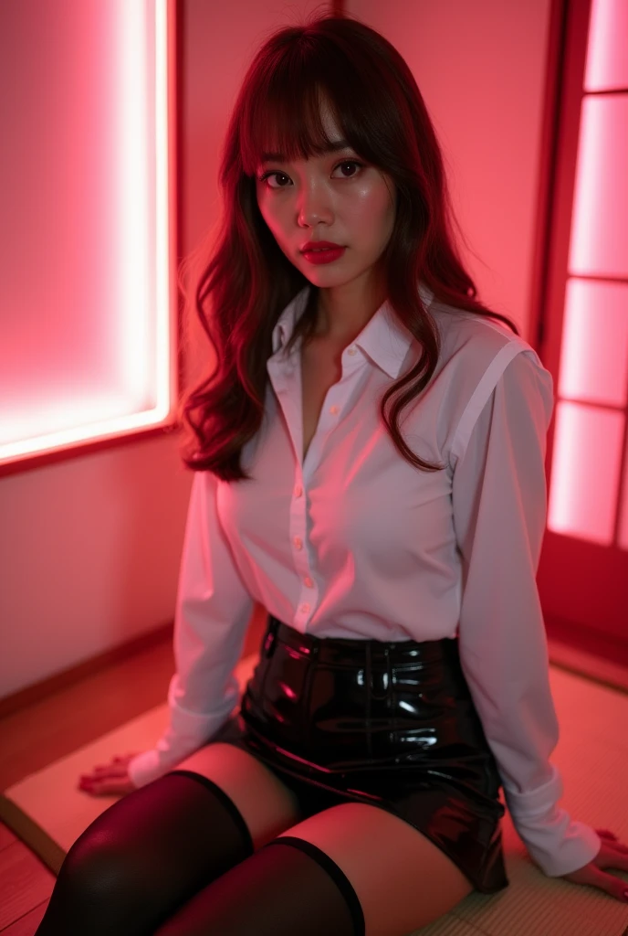 ((Japanese sexy idol)) Mature Woman ((Plump, bright red lips with lipstick)) Big Breasts Chubby A healthy figure ((Brown hair with bangs)) ((Looking into the camera)) Sit with your legs apart ((White button-up shirt with black patent leather tight skirt and black stockings)) 布団の上にSit with your legs apart look down ((A bedroom with shoji and tatami mats lit up in pink neon lights))