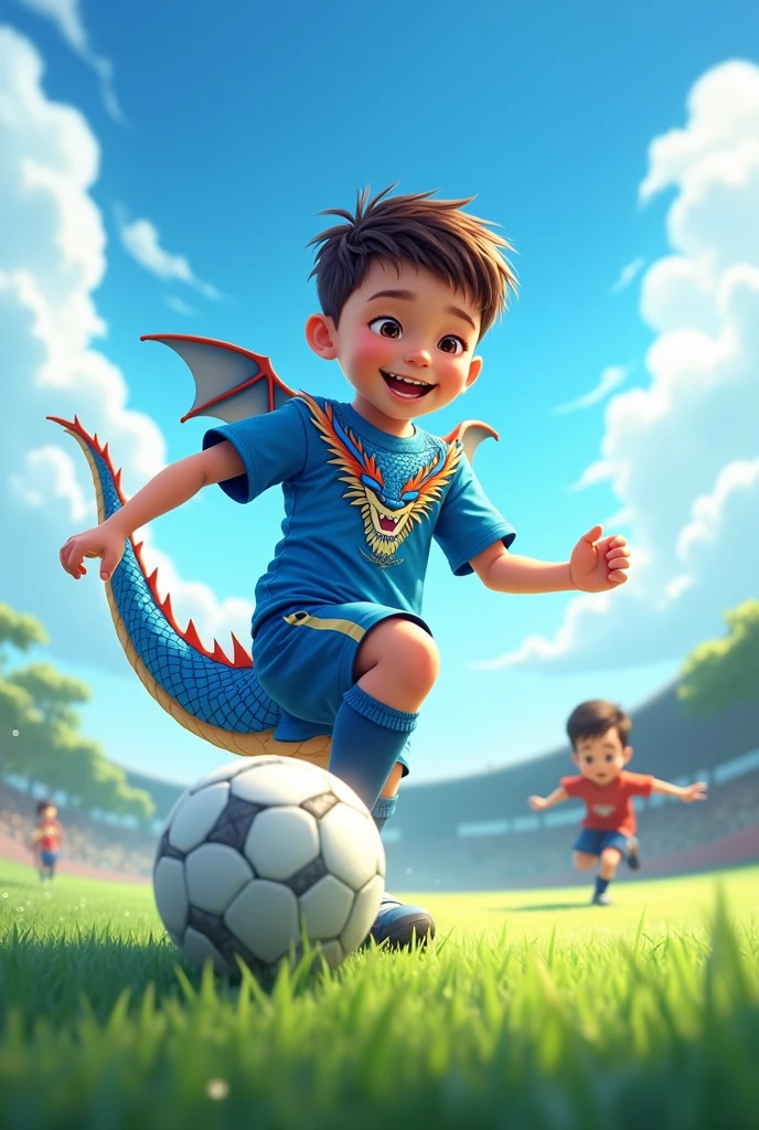 6 year old boy short brown hair playing soccer football blue dragon uniform