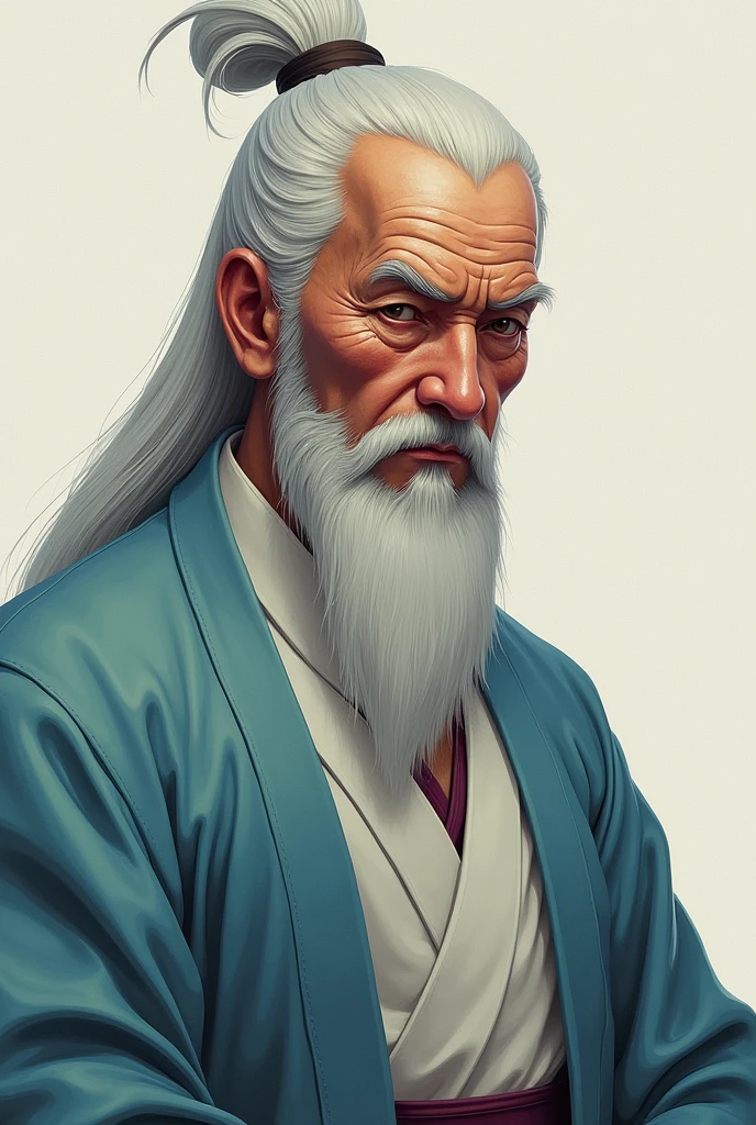 Older man with Asian features, His beard is long and white, Her hair is straight, white and long., his expression is serious, Their clothes are traditional Chinese in shades of light blue and white., digital illustration of video game characters
