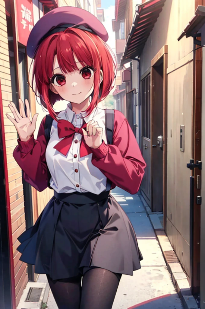 1girl, shintarou style, Arima Kana,Red hair,Red Eye, bob hair,Navy beret, white blouse, navy school uniform, navy inner sweater, pink ribbon on chest, gray skirt, Black pantyhose, big smile,open mouse,He comes running towards me, waving his hands enthusiastically.,Daytime