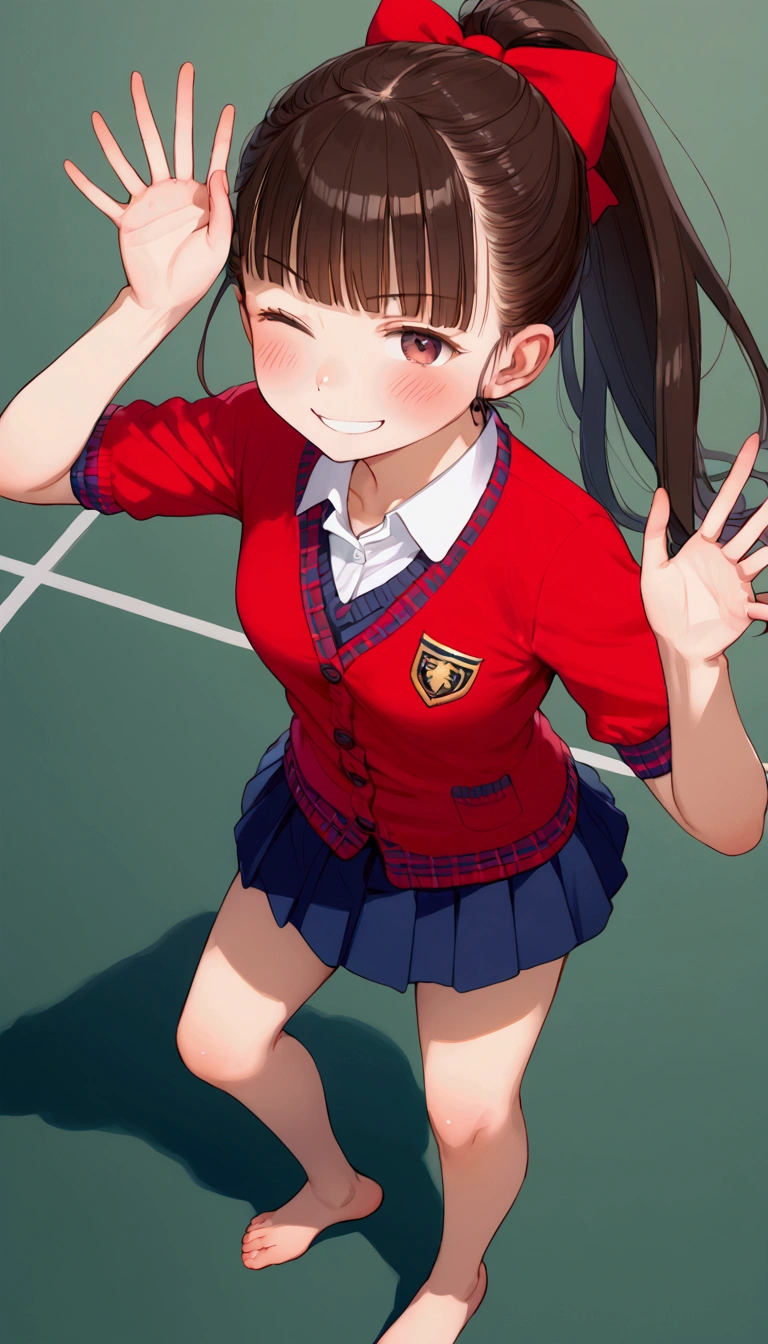 {Highest quality}, {Super beautiful},{Ultra fine},{Best illustration},Brown Hair,Hime cut,long hair,ponytail,One woman,Standing Woman,Strike a pose,Adult women,smug face,Excited face,Wink,uniform,cardigan,Short sleeve,skirt,In the gym,Blushing,Slender,barefoot,From an angle,From above,Spread your legs,Waving with one hand,