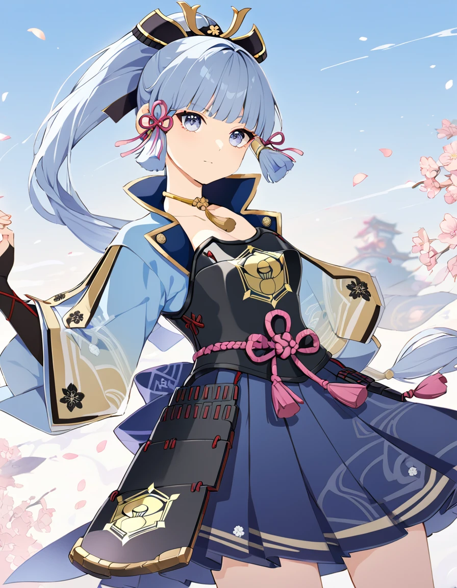 Ayaka Kamisato(Genshin Impact Adult women Light blue hair ponytail Light blue eyes Light blue kimono Navy Blue Skirt Black Breastplate)