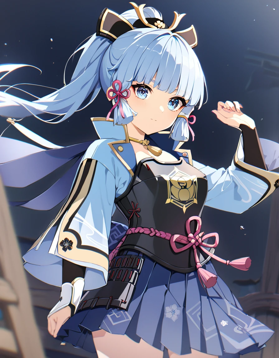 Ayaka Kamisato（Genshin Impact　Adult women　Light blue hair　ponytail　Light blue eyes　Light blue kimono　Navy Blue Skirt　Black Breastplate）