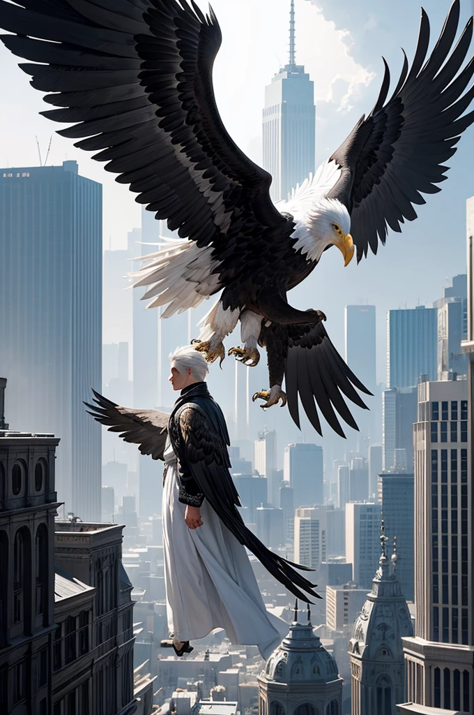 1 men,black and white hair,silver eyes,long clothes,eagle wings,flying over a well-lit city
