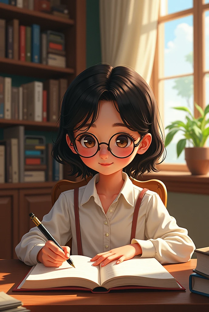 arafed girl in glasses writing in a book while sitting at a table, trying to study, student, studyng in bedroom, studious, studying in a brightly lit room, studying, elegant study, by Nicolette Macnamara, young commoner, intense knowledge, girl with glasses, young and cute girl, girl wearing round glasses, reading new book