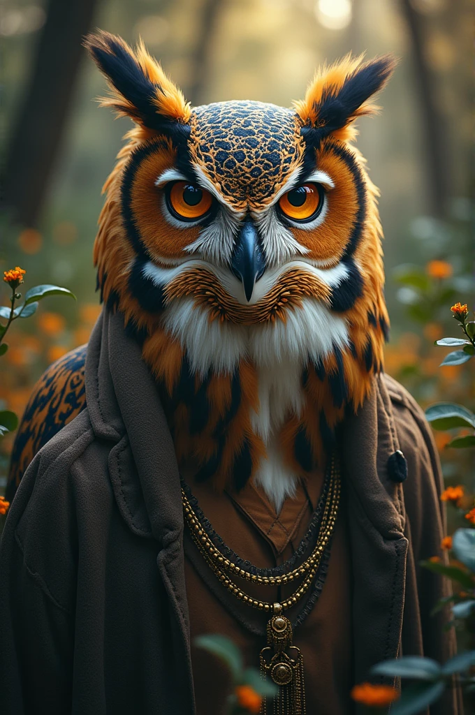 Create image of Keanu Reeves as an owl, with bohemian background