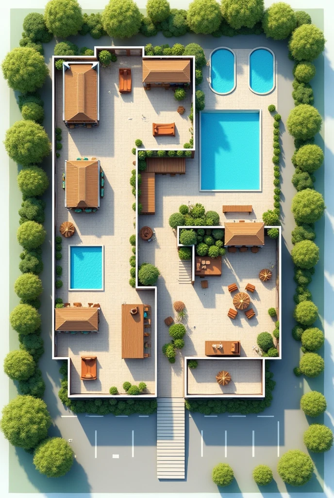 2D hotel floor plan showing the reception area first, a restaurant, The recreation space, the rooms, A SPA area, An area for people with disabilities, 3 swimming pools, Connection with green areas, That can be like an open space, The L-shaped parking lot One part in front and the rest alongside, 2 pools for dirty water in the green area outside the hotel
