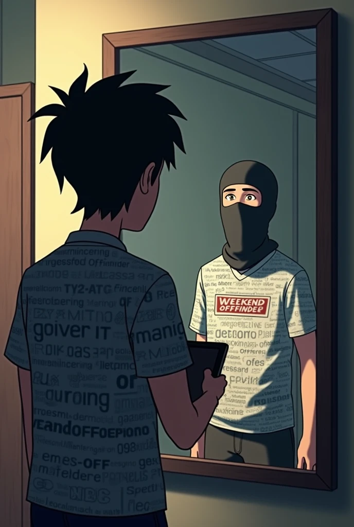 The image is in the form of an animation of someone wearing a shirt with complete engineering writing, carrying an HT who is looking in the mirror, but the reflection in the mirror is someone wearing a balaclava and a shirt with the weekend offender logo.