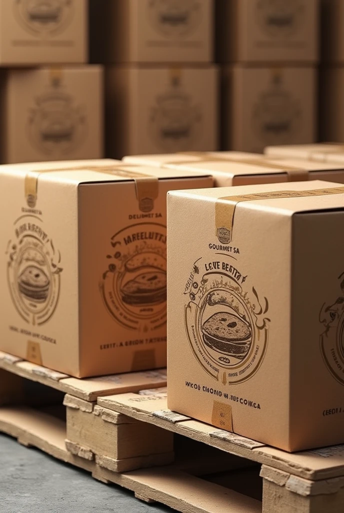 (photorealism:1.2), Make corrugated cardboard boxes with the company name and cookie design on them.. company "DELICIAS GOURMET SA" and Whole grain nut cookies LET IT BE PRETTY. BOXES OF THE SAME SIZE. SAMPLE 60 BOXES GROUPED IN PALLETS

