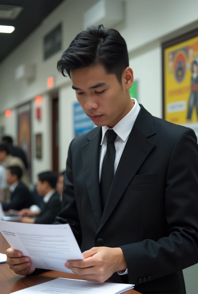 A young man with black hair and white skin, well dressed at the civil center doing some documents. They are in Peru