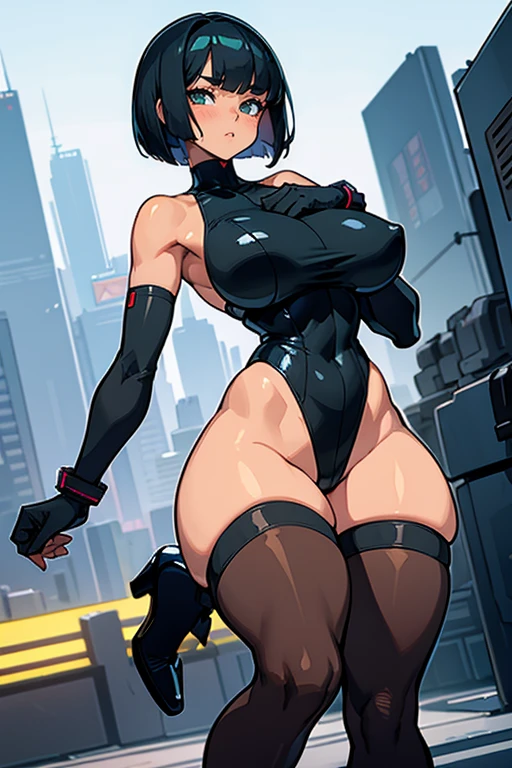 Cyberpunk, very wide hips, thick thighs, high heels, high cut leotard, tanned, soldier girl, huge breast, thin waist, tight stockings, bob cut hair,