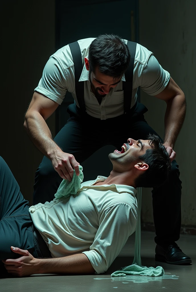Draw a picture of a man being chloroformed on a cloth on his face by another man on his back