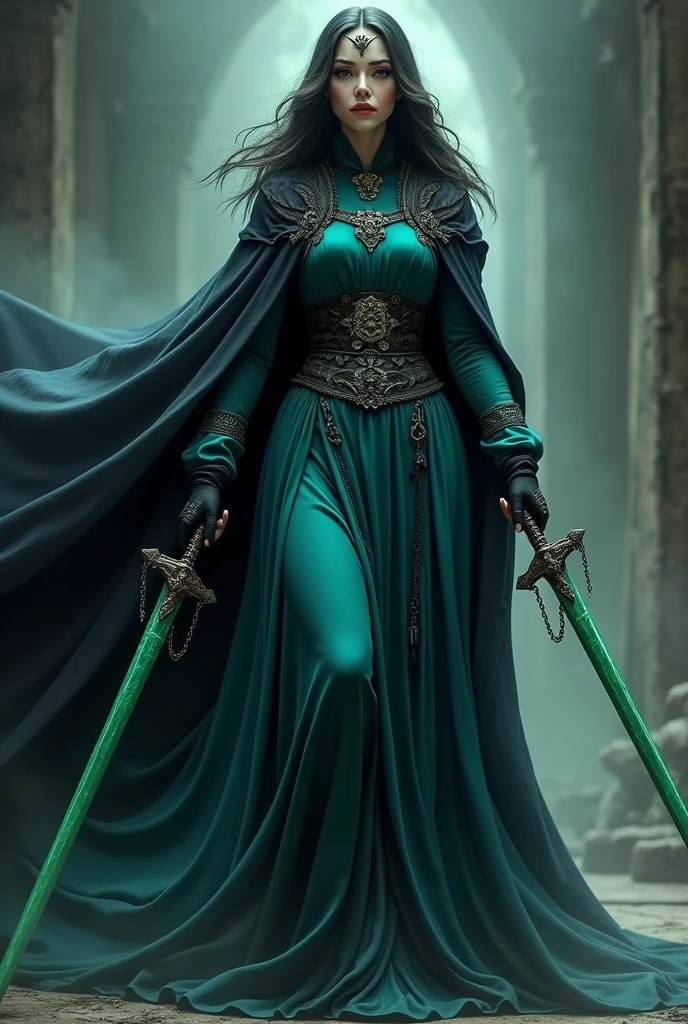 Make a big ass woman in a blue and dark green robe with jade swords with chains as handles and a black cape 