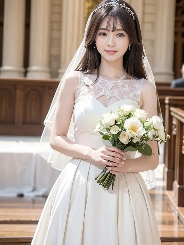 Photo-realistic quality、a woman in a Wedding dress holding a bouquet of flowers、Standing in front of the church、20 year old Japanese model、白のWedding dress,Hanae Mori style wedding dress、Japanese Idol、lace prom dresses、looking at the camera、Cute smile、Handsome、Clean atmosphere、Relaxed and gentle expression、tsnndrinsholding a bouquet, Wedding dress, So magical and dreamy、35mm Lens aperture F2.Shot at 8、Full body photo、From head to toe、A long, wide wedding dress that covers the feet、Narrow waist