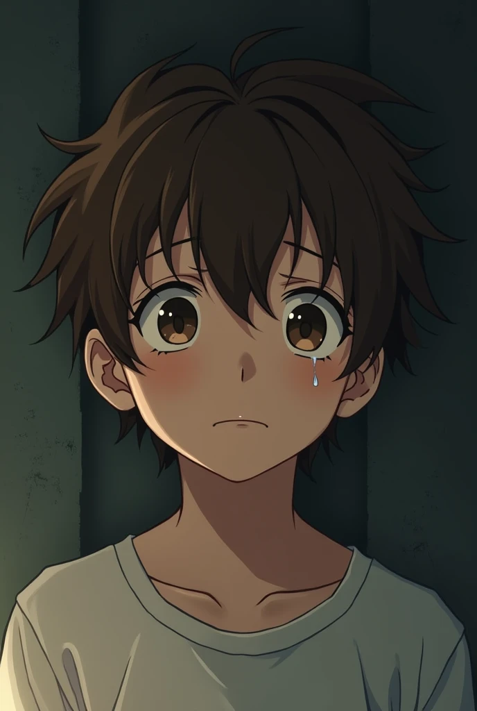 Boy with brown hair crying anime