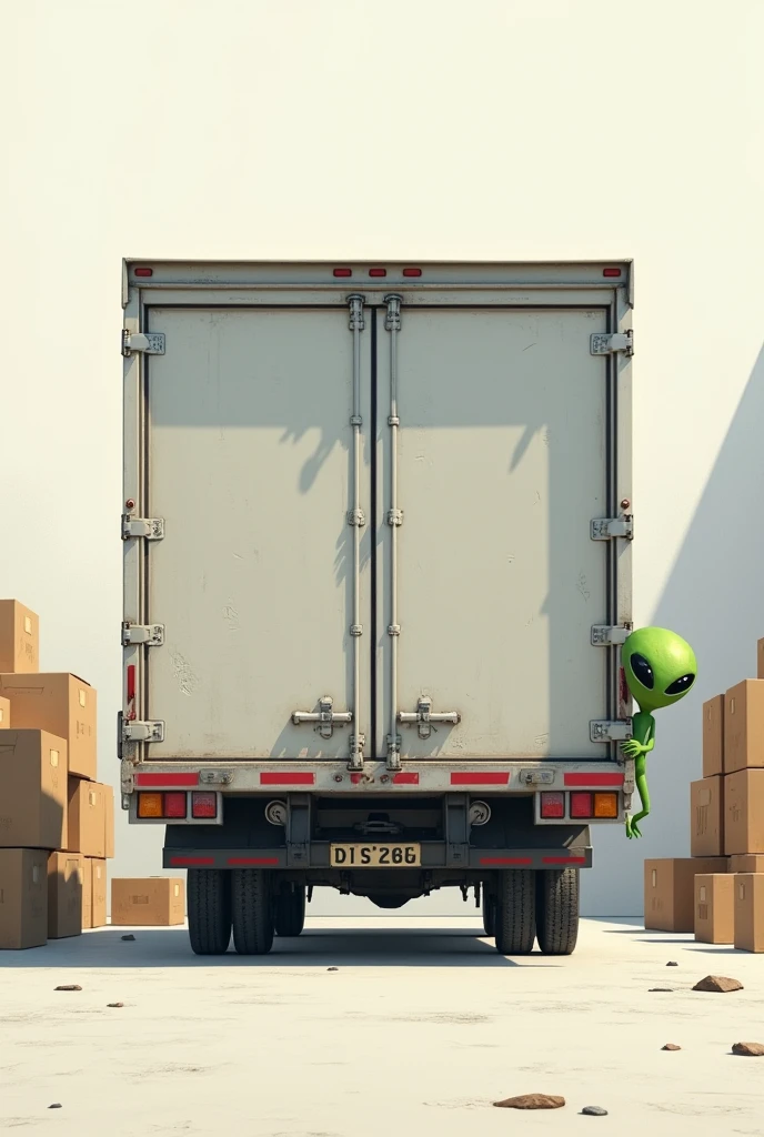 Create the image of the back of a truck box where 1 of the doors will simulate being open and the other closed.. In the scene you can see the background of the white room with some cardboard boxes stacked on one side and where only the head of a little Martian sticks out from the right from inside the room, who is holding one of the edges with one of his hands and is looking out.