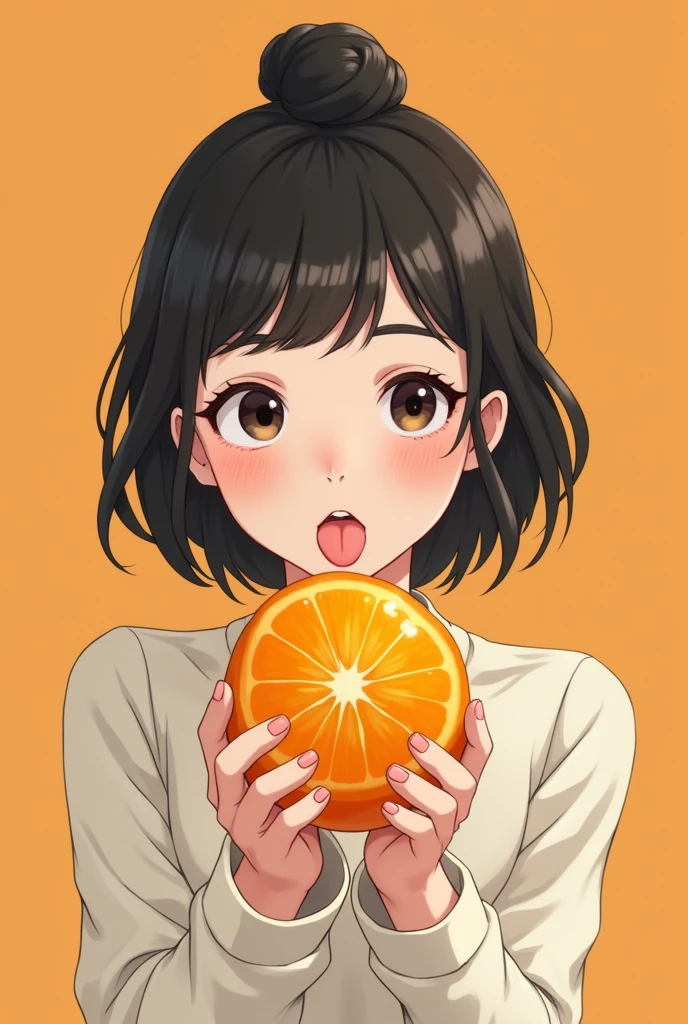 Japanese woman eating a tangerine with her tongue out bevel Staring at the mandarin oranges Slight cross-eyed