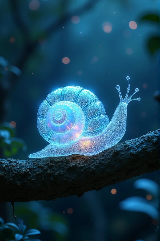 A hyper-realistic digital artwork of a delicate and transparent jade crystal glass sculpture of a snail shell filled with bioluminescent flowers, artistic, sparkling dynamic colors, glitter, luminous opalescent, insanely detailed beautiful snail shell crystallized, meticulously detailed filigree snail, hypermaximalist bioluminescent glowing snail shell, shimmering, sparkling, extreme contrast and saturation, underwater particles, magical fantasy artwork, ultra high quality. The scene captures a tree branch in a night forest, the snail is over a tree branch. The main focus of the shot is the snail and its shell.