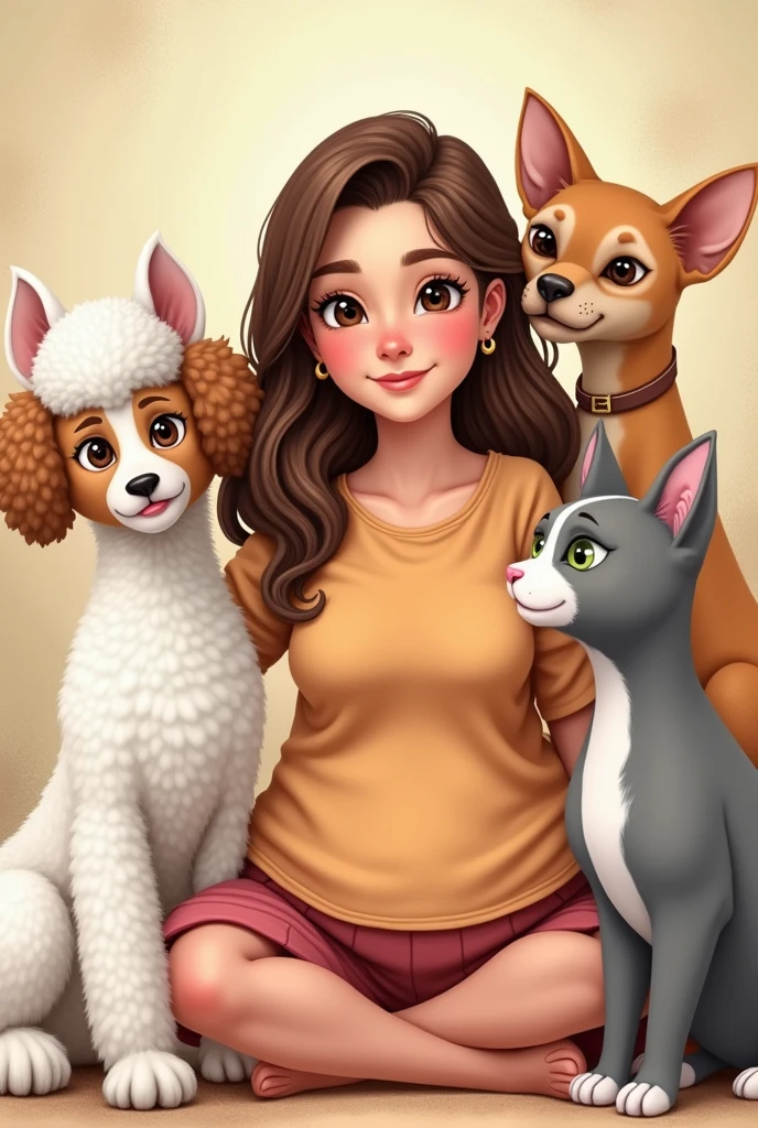 First put a 23 year old girl with brown wavy hair combed to one side, slightly broad forehead and large brown eyes, Medium mouth with the lower lip slightly larger than the upper lip, chubby with slightly pink cheeks and short neck, with a wide texture, a small mole on the left cheek; Second, put a white but flat poodle with ears that go from white to very light brown.; Third, put a light gray cat with white that goes from the eyes like a line and expands throughout the snout., with a pink nose and not so clear green eyes; Fourth, put a small, short-haired, white Chihuahua breed dog with only 1 eye with a brown circle around the eye