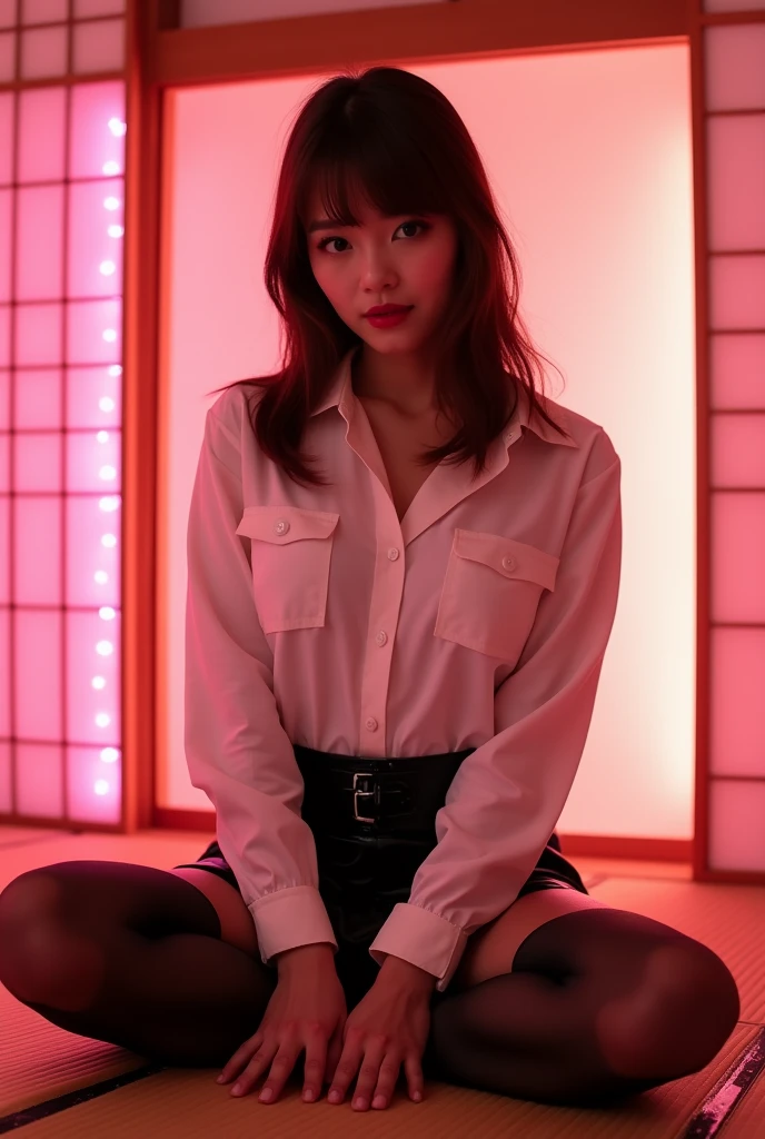 ((Japanese sexy idol)) Mature Woman ((Plump, bright red lips with lipstick)) Big Breasts Chubby round face Plump figure ((Brown hair with bangs)) ((Looking into the camera)) Sit with your legs apart ((White button-up shirt with black patent leather tight skirt and black stockings)) 布団の上にSit with your legs apart look down ((A bedroom with shoji and tatami mats lit up in pink neon lights))